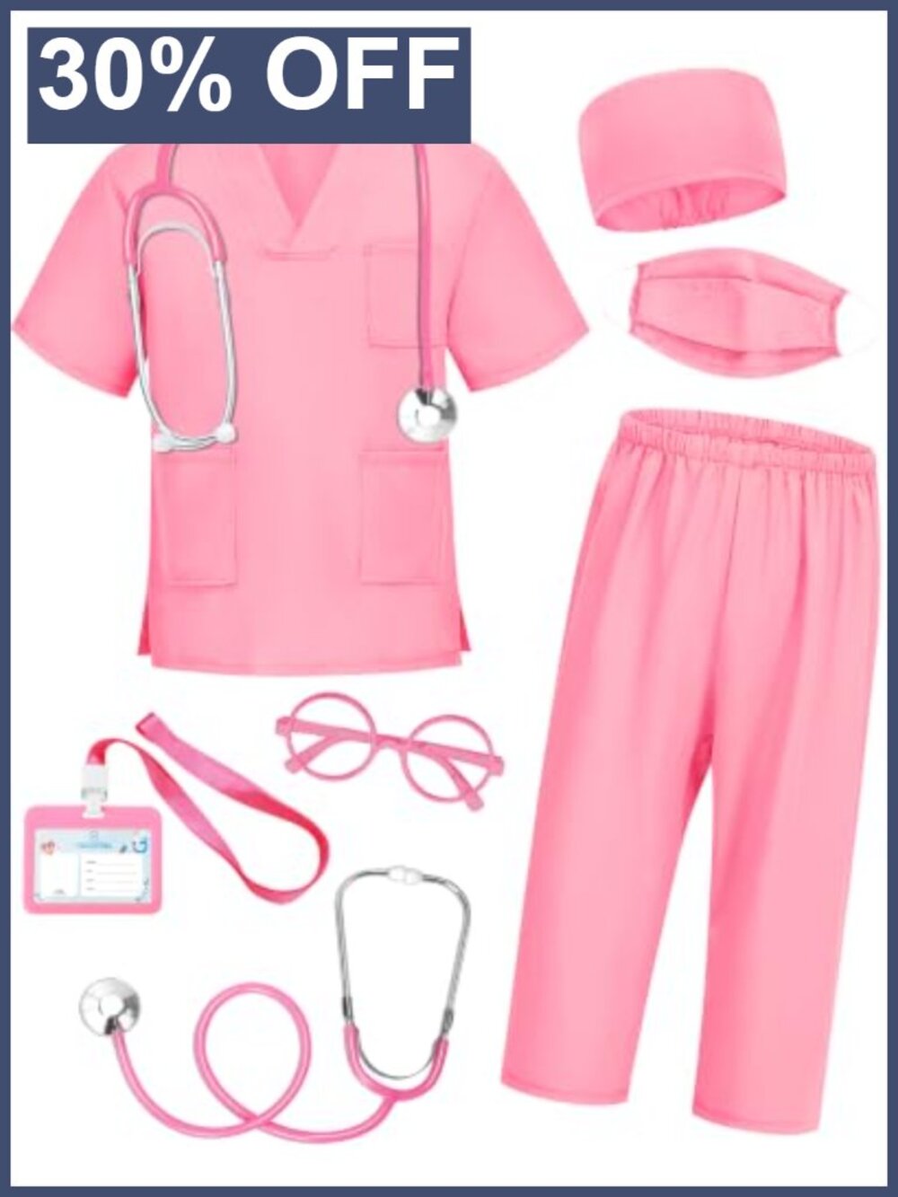 Kids Doctor Scrubs Costume 7 Pcs Set with Real Stethoscope Halloween Dress Up